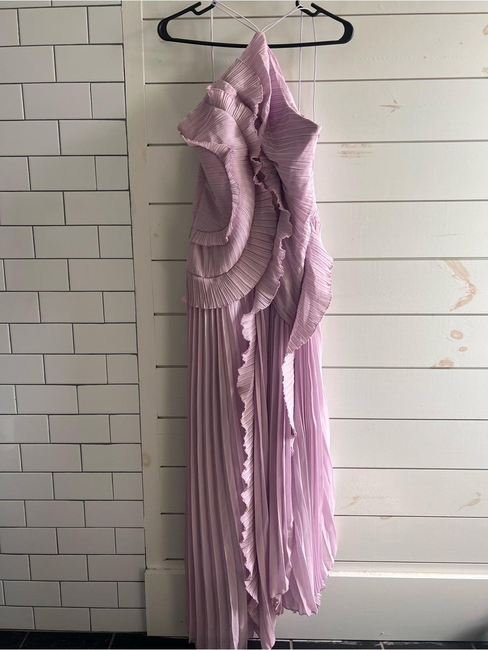 Azazie Lavender Asymmetrical Pleated Ruffle Halter Gown - Picture 3 of 9